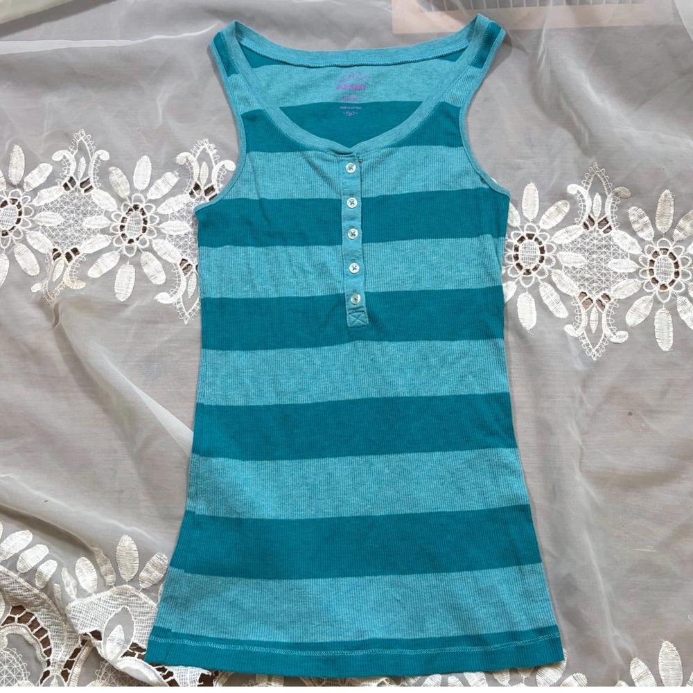 Y2K Old Navy Teal Striped Ribbed Henley Tank Top Sleeveless Scoop Neck Size M